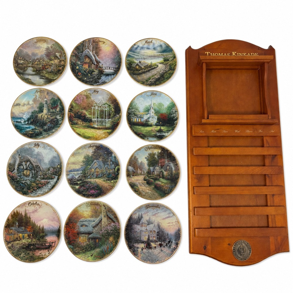 Thomas Kinkade Simpler Times Perpetual Calendar 12 Plates Wood Display No Tiles